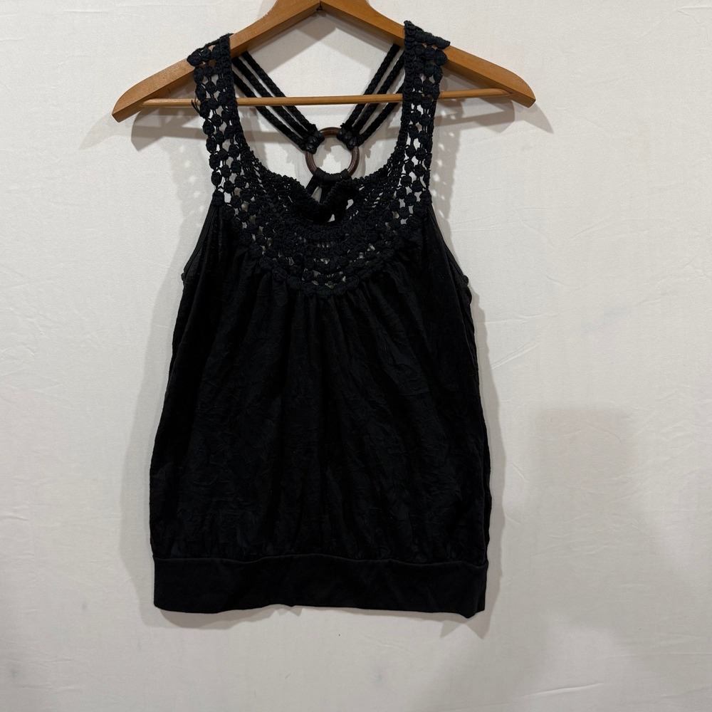Derek‎ Heart Womens Black Crochet Lace Neck Strappy Ring Back Tank Top Size M
